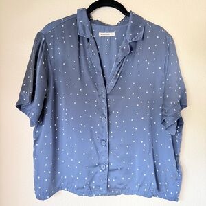 Marine Layer Navy Blue Silk Star-Print Button Front Top, Size Large